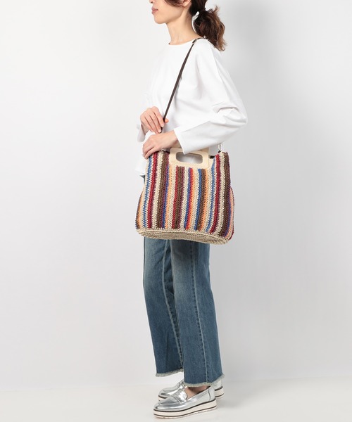 Via Demizon（ビアデミゾン）の「カラーコンビ編み上げカゴバッグ（かごバッグ・レディース・ブラウン/イエロー/ブルー・フリー）」の5枚目の写真