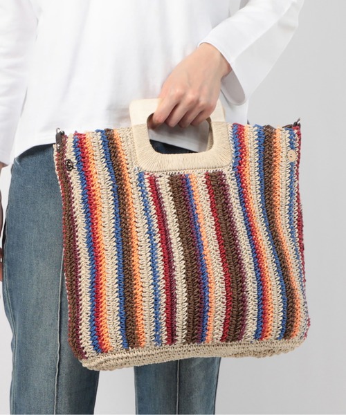 Via Demizon（ビアデミゾン）の「カラーコンビ編み上げカゴバッグ（かごバッグ・レディース・ブラウン/イエロー/ブルー・フリー）」の4枚目の写真