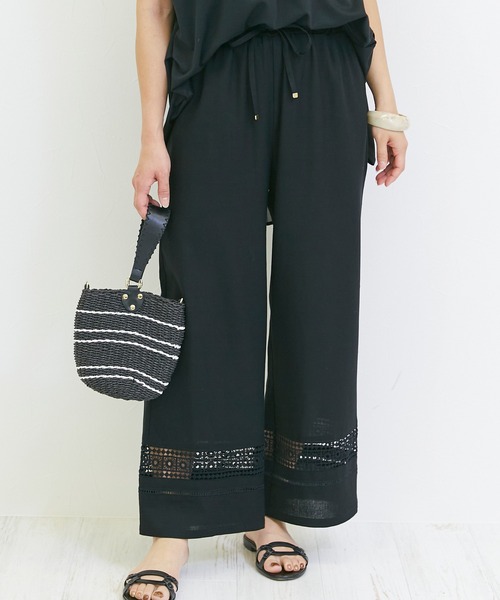 INCEDE（インシード）の「リネン混 レース切り替えイージーワイドパンツ（その他パンツ・レディース・ブラック/ブラウン/ベージュ・3L/LL/M/4L/L）」の2枚目の写真