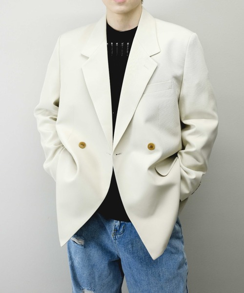 Chikashitsu +(チカシツプラス)の「【Chikashitsu +/チカシツプラス】double jacket/ダブルジャケット オーバーサイズジャケット(テーラードジャケット・メンズ・ブラック/アイボリー/チェック・M/L)」の1枚目の写真