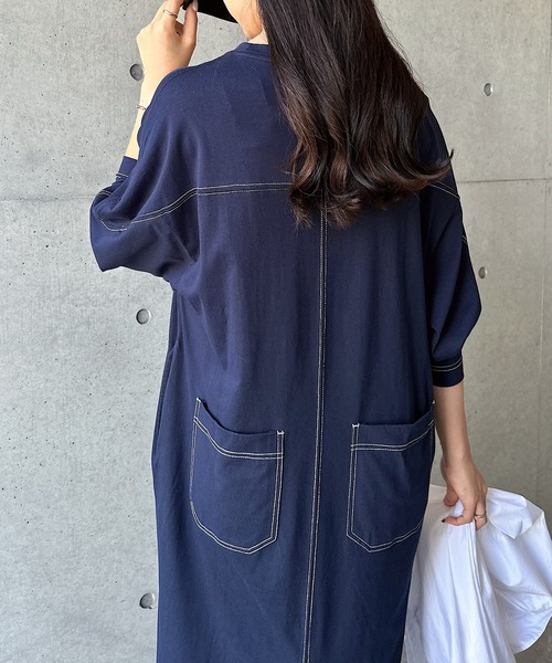 セール】配色ステッチオーバーサイズ長袖Tシャツワンピース