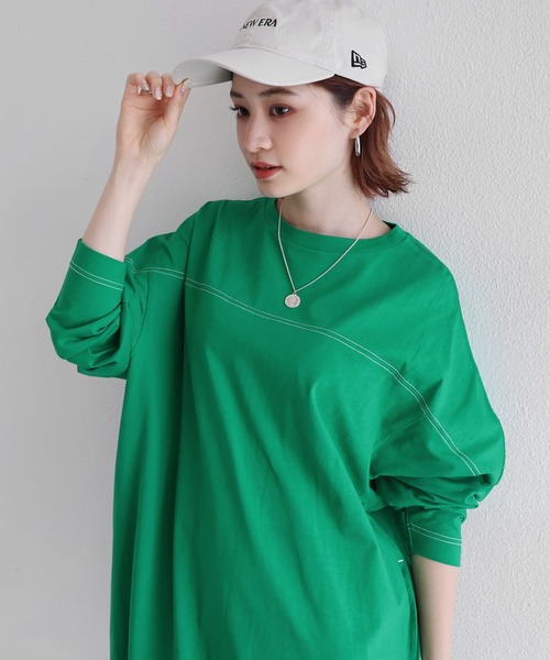 セール】配色ステッチオーバーサイズ長袖Tシャツワンピース