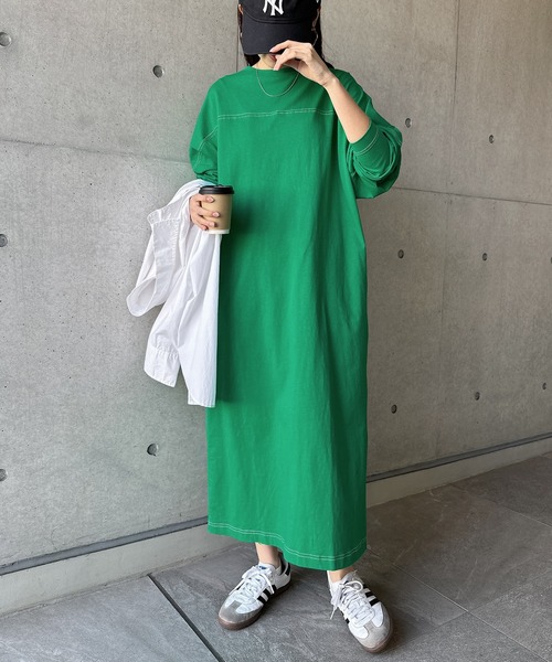 セール】配色ステッチオーバーサイズ長袖Tシャツワンピース