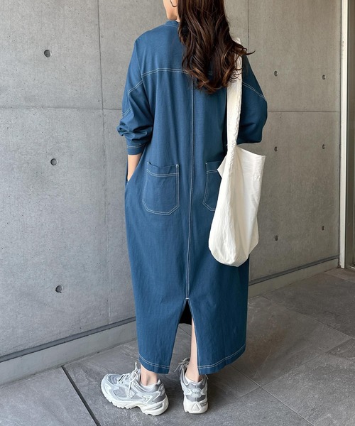 medamaオーバーサイズシャツワンピース andme ワンピース 配色ステッチオーバーサイズ長袖Tシャツ