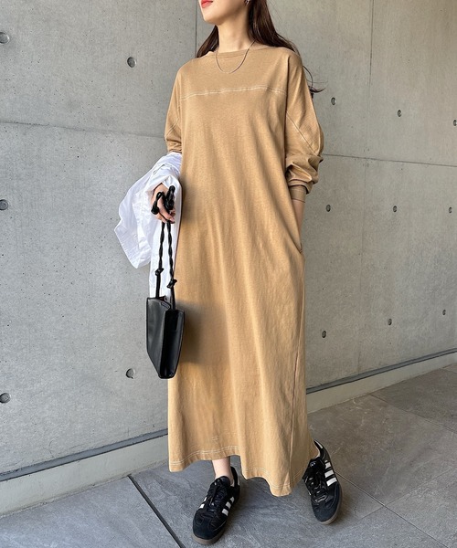 セール】配色ステッチオーバーサイズ長袖Tシャツワンピース