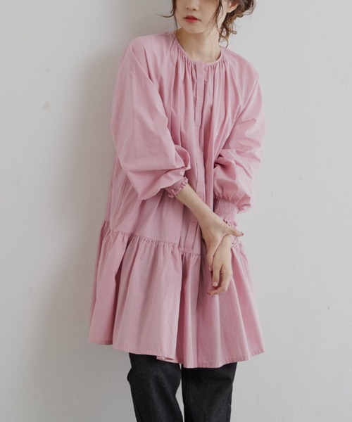 WEB限定】ノーカラーティアードチュニックブラウス（シャツ