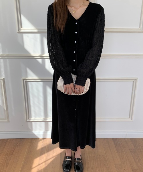 ECLIN（エクラン）の「異素材ボリュウームスリーブロングワンピース（ワンピース・レディース・ブラウン/ブラック・M/L）」の5枚目の写真