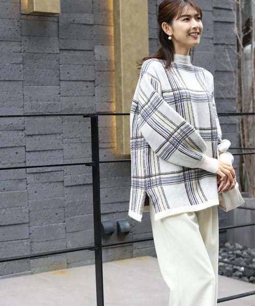 【セール】ジャガードチェックボトルネックニット（ニット/セーター）｜REAL CUBE（リアルキューブ）