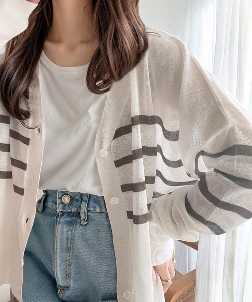 Java(ジャバ)の「《JaVaジャバ コラボ》羽織&持ち運びに便利!2wayシアーボーダーカーディガン(カーディガン/ボレロ・レディース・ブラック/ネイビー/ホワイト系1/ベージュ系1/イエロー系1/ホワイト×ブルー・X-LARGE/SMALL/LARGE/MEDIUM)」の3枚目の写真