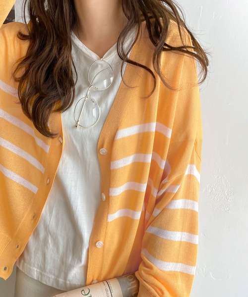 Java(ジャバ)の「《JaVaジャバ コラボ》羽織&持ち運びに便利!2wayシアーボーダーカーディガン(カーディガン/ボレロ・レディース・ブラック/ネイビー/ホワイト系1/ベージュ系1/イエロー系1/ホワイト×ブルー・X-LARGE/SMALL/LARGE/MEDIUM)」の6枚目の写真