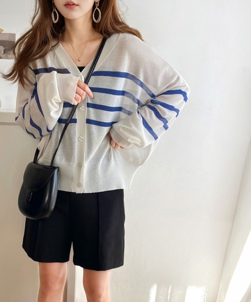 Java(ジャバ)の「《JaVaジャバ コラボ》羽織&持ち運びに便利!2wayシアーボーダーカーディガン(カーディガン/ボレロ・レディース・ブラック/ネイビー/ホワイト系1/ベージュ系1/イエロー系1/ホワイト×ブルー・X-LARGE/SMALL/LARGE/MEDIUM)」の11枚目の写真