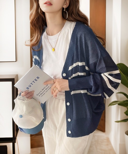 Java(ジャバ)の「《JaVaジャバ コラボ》羽織&持ち運びに便利!2wayシアーボーダーカーディガン(カーディガン/ボレロ・レディース・ブラック/ネイビー/ホワイト系1/ベージュ系1/イエロー系1/ホワイト×ブルー・X-LARGE/SMALL/LARGE/MEDIUM)」の16枚目の写真