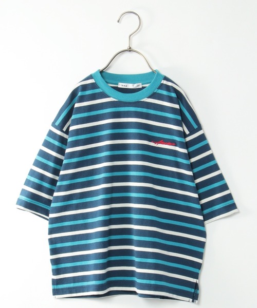 ikka(イッカ)の「6分袖ボーダーゆるTシャツ(120~160cm)(Tシャツ/カットソー・キッズ・チャコールグレー/スカイブルー・120/130/140/150/160)」の1枚目の写真