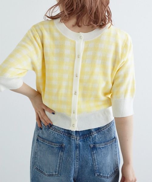 w closet（ダブルクローゼット）の「【前後2WAY】ギンガムチェックジャガードカーディガン（カーディガン/ボレロ・レディース・ブルー系その他/イエロー系/ホワイト×ブラック・FREE）」の3枚目の写真