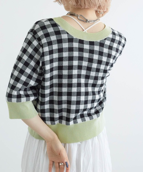 w closet（ダブルクローゼット）の「【前後2WAY】ギンガムチェックジャガードカーディガン（カーディガン/ボレロ・レディース・ブルー系その他/イエロー系/ホワイト×ブラック・FREE）」の8枚目の写真