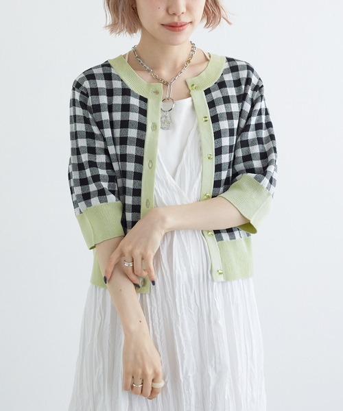 w closet（ダブルクローゼット）の「【前後2WAY】ギンガムチェックジャガードカーディガン（カーディガン/ボレロ・レディース・ブルー系その他/イエロー系/ホワイト×ブラック・FREE）」の21枚目の写真