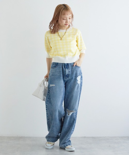 w closet（ダブルクローゼット）の「【前後2WAY】ギンガムチェックジャガードカーディガン（カーディガン/ボレロ・レディース・ブルー系その他/イエロー系/ホワイト×ブラック・FREE）」の9枚目の写真