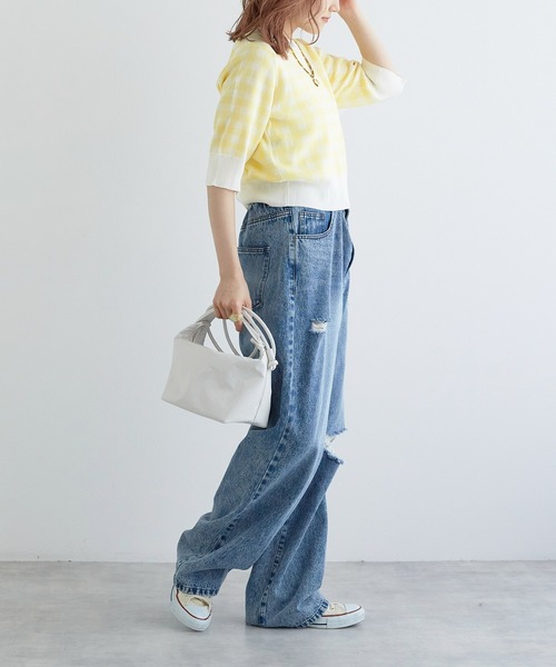 w closet（ダブルクローゼット）の「【前後2WAY】ギンガムチェックジャガードカーディガン（カーディガン/ボレロ・レディース・ブルー系その他/イエロー系/ホワイト×ブラック・FREE）」の5枚目の写真