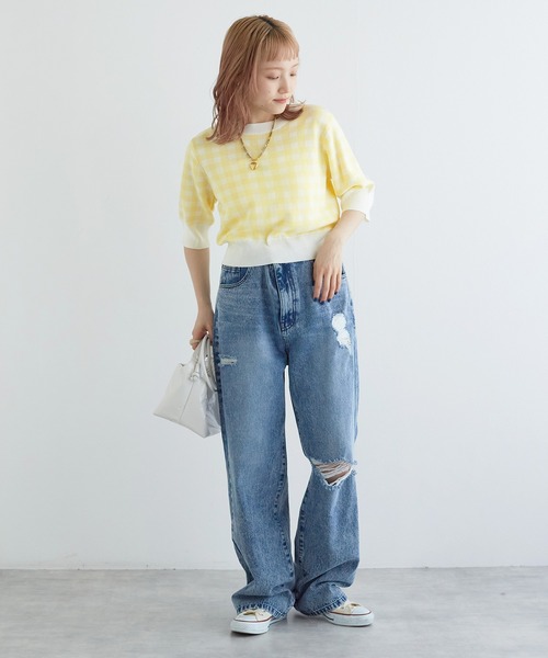 w closet（ダブルクローゼット）の「【前後2WAY】ギンガムチェックジャガードカーディガン（カーディガン/ボレロ・レディース・ブルー系その他/イエロー系/ホワイト×ブラック・FREE）」の6枚目の写真