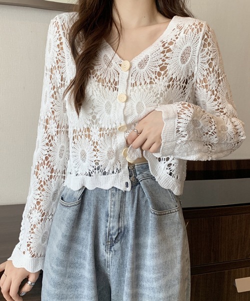 レディース 古着 STEFANO 花 フラワー モチーフ 麻 コットン レース ニット ボレロ カーディガン M位 古着 Used フラワー刺繍 デザイン ショートスリーブ ニット ボレロ