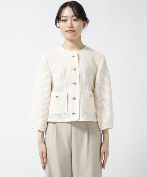 NOLLEY’S Sophi（ノーリーズソフィ）の「ウォッシャブルメッシュラッセルカーデジャケット（ノーカラージャケット・レディース・ネイビー/キナリ・38/36）」の14枚目の写真