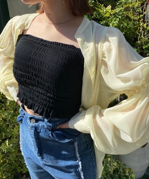 nemne store（ネンネストア）の「カップ付きシャーリングキャミソール（キャミソール・レディース・ブラック/オフホワイト・フリー）」の2枚目の写真