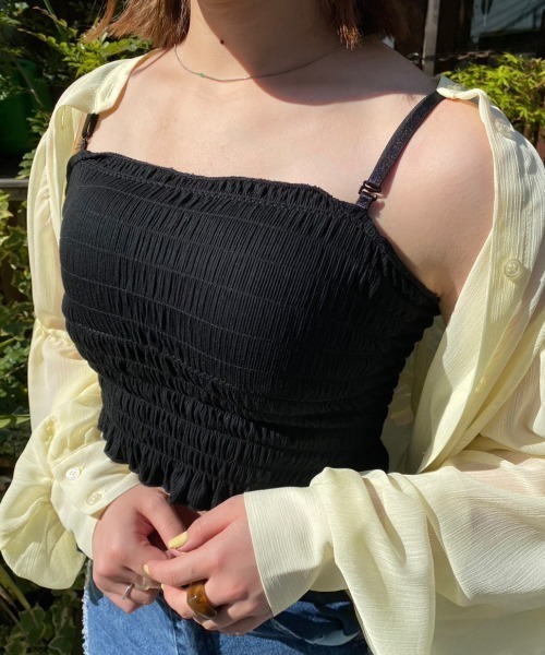 nemne store（ネンネストア）の「カップ付きシャーリングキャミソール（キャミソール・レディース・ブラック/オフホワイト・フリー）」の11枚目の写真