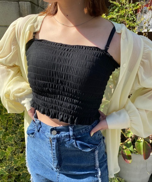 nemne store（ネンネストア）の「カップ付きシャーリングキャミソール（キャミソール・レディース・ブラック/オフホワイト・フリー）」の13枚目の写真