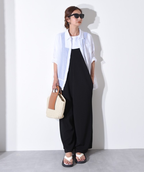 CALIFORNIA OUTFITTERS（カリフォルニア アウトフィッターズ）の「1-6A14  シアサッカー ワイドサロペット/ サロペット/ オーバーオール / ワイドパンツ【Maison select -メゾンセレクト-】（サロペット/オーバーオール・レディース・ブラック/ベージュ/グレー・FREE）」の2枚目の写真