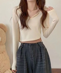 ショート丈キーネックTシャツ