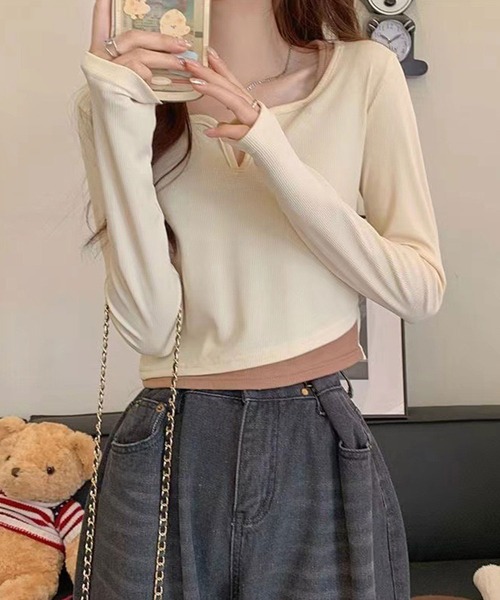 NinaetLina（ニナエリナ）の「ショート丈キーネックTシャツ（Tシャツ/カットソー・レディース・ベージュ/モカ/グレー/ブラック/ホワイト・FREE）」の9枚目の写真