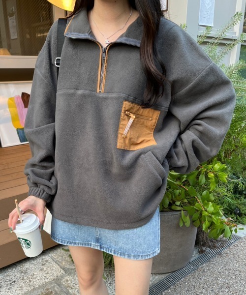 nemne store(ネンネストア)の「【低身長サイズあり】フリースハーフジップブルゾン(ブルゾン・レディース・ライトブルー/グリーン/ベージュ/スミクロ・SMALL/MEDIUM)」の2枚目の写真