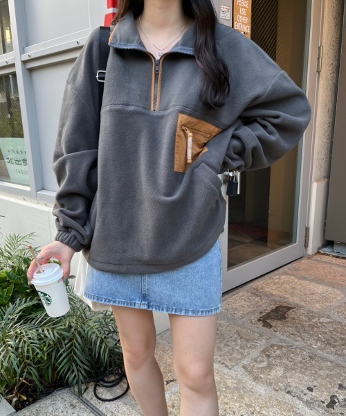 nemne store(ネンネストア)の「【低身長サイズあり】フリースハーフジップブルゾン(ブルゾン・レディース・ライトブルー/グリーン/ベージュ/スミクロ・SMALL/MEDIUM)」の10枚目の写真