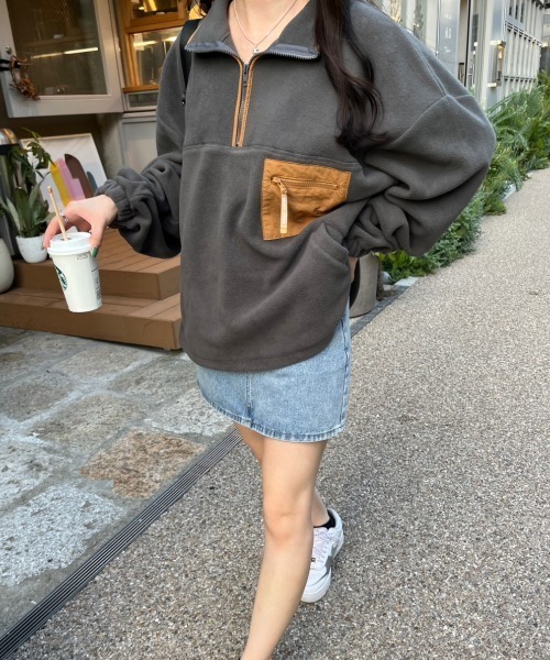 nemne store(ネンネストア)の「【低身長サイズあり】フリースハーフジップブルゾン(ブルゾン・レディース・ライトブルー/グリーン/ベージュ/スミクロ・SMALL/MEDIUM)」の9枚目の写真