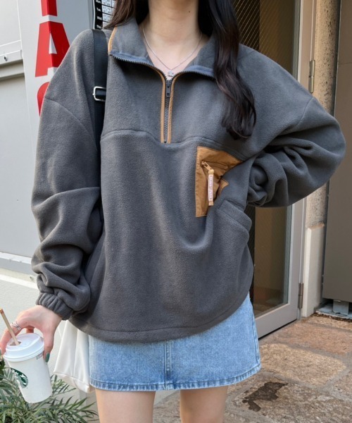 nemne store(ネンネストア)の「【低身長サイズあり】フリースハーフジップブルゾン(ブルゾン・レディース・ライトブルー/グリーン/ベージュ/スミクロ・SMALL/MEDIUM)」の7枚目の写真