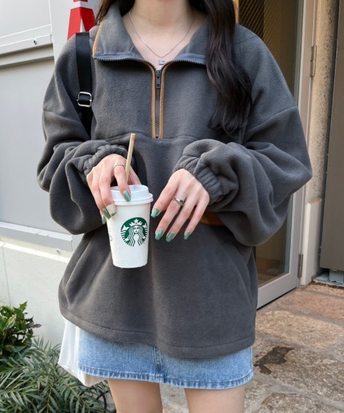 nemne store(ネンネストア)の「【低身長サイズあり】フリースハーフジップブルゾン(ブルゾン・レディース・ライトブルー/グリーン/ベージュ/スミクロ・SMALL/MEDIUM)」の6枚目の写真