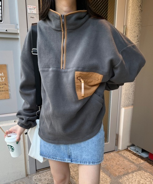nemne store(ネンネストア)の「【低身長サイズあり】フリースハーフジップブルゾン(ブルゾン・レディース・ライトブルー/グリーン/ベージュ/スミクロ・SMALL/MEDIUM)」の5枚目の写真