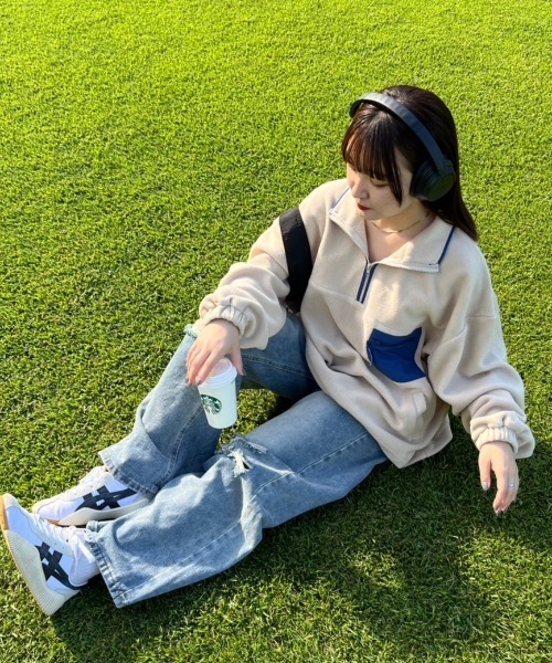 nemne store(ネンネストア)の「【低身長サイズあり】フリースハーフジップブルゾン(ブルゾン・レディース・ライトブルー/グリーン/ベージュ/スミクロ・SMALL/MEDIUM)」の16枚目の写真