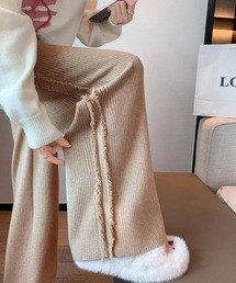 サイドフリンジ リブニットパンツ 暖かい