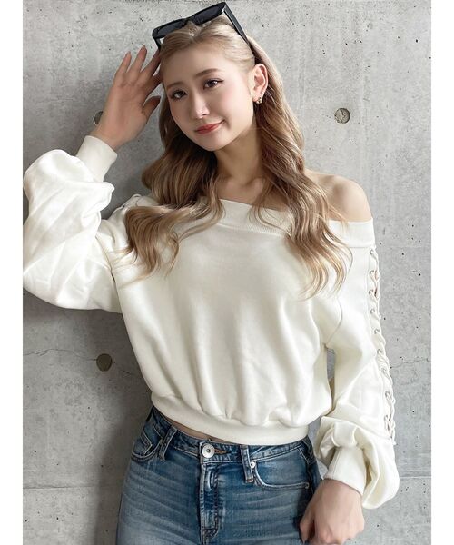 GYDA(ジェイダ)の「アームレースアップスウェットトップス(スウェット・レディース・アイボリー/ラベンダー・FREE)」の14枚目の写真