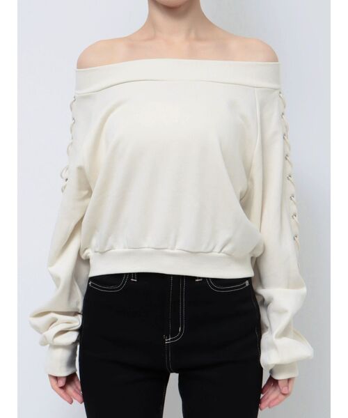 GYDA(ジェイダ)の「アームレースアップスウェットトップス(スウェット・レディース・アイボリー/ラベンダー・FREE)」の5枚目の写真