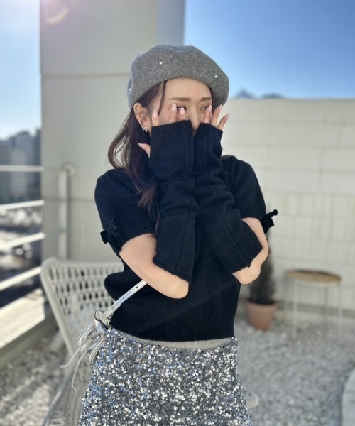 ニット セーター ipugo/イプゴ アームウォーマー付き 半袖リボンニット レディース ipugo ニット セーター ipugo/イプゴ アームウォーマー付き 半袖