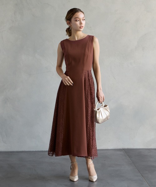 【エメ2025 一回着用】サイドレースフィット&フレアノースリーブドレス サイドレースフィット&フレアノースリーブパーティードレス 結婚式