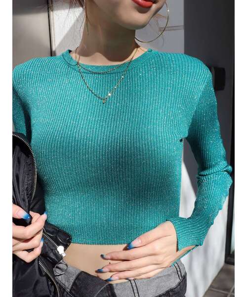 EVRIS(エヴリス)の「アームカッティングラメニット(ニット/セーター・レディース・グリーン/ピンク/ホワイト/ブラック・FREE)」の9枚目の写真