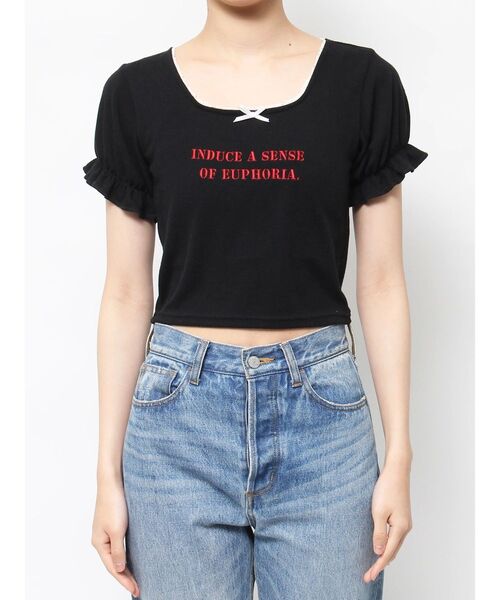 jouetie（ジュエティ）の「レースネックロゴパフTシャツ（Tシャツ/カットソー・レディース・ブラック/オフホワイト/ブルー・MEDIUM）」の4枚目の写真