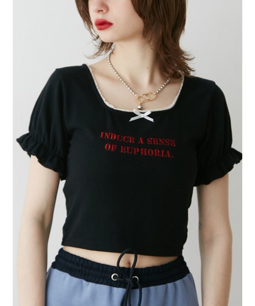 jouetie（ジュエティ）の「レースネックロゴパフTシャツ（Tシャツ/カットソー・レディース・ブラック/オフホワイト/ブルー・MEDIUM）」の2枚目の写真