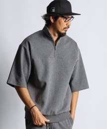 〔BLACK LABEL〕T-400 SMOOTH S/S STAND COLLAR：セットアップ ハーフジップ 5分袖トップス