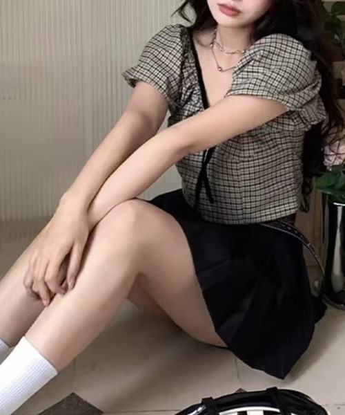 Sibra（シブラ）の「チェック柄リボンブラウス（Tシャツ/カットソー・レディース・グレー・M）」の14枚目の写真