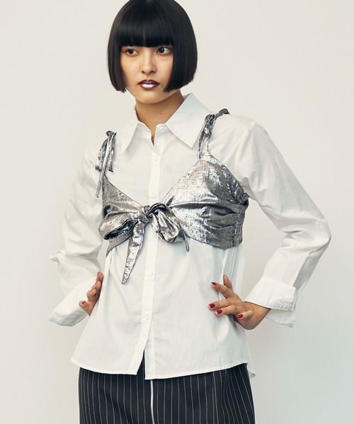 uyu.(ウユ)の「Ribbon Bustier Layered Blouse / リボンビスチェ レイヤードブラウス【uyu./ウユ】(キャミソール・レディース・ブルー/ホワイト・FREE)」の1枚目の写真