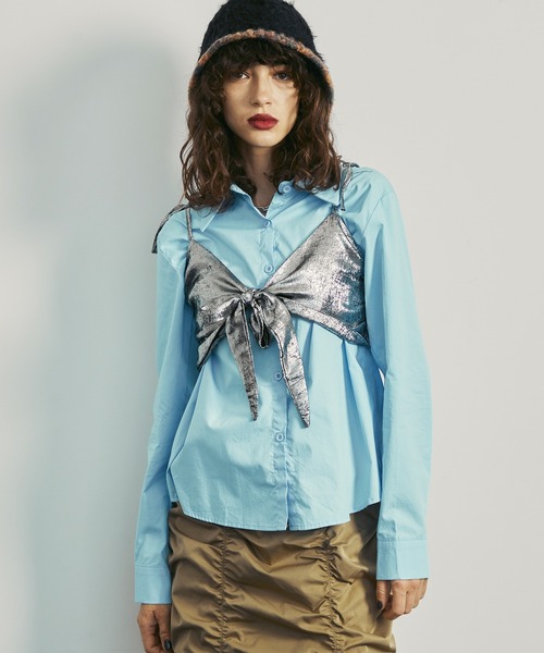 uyu.(ウユ)の「Ribbon Bustier Layered Blouse / リボンビスチェ レイヤードブラウス【uyu./ウユ】(キャミソール・レディース・ブルー/ホワイト・FREE)」の10枚目の写真